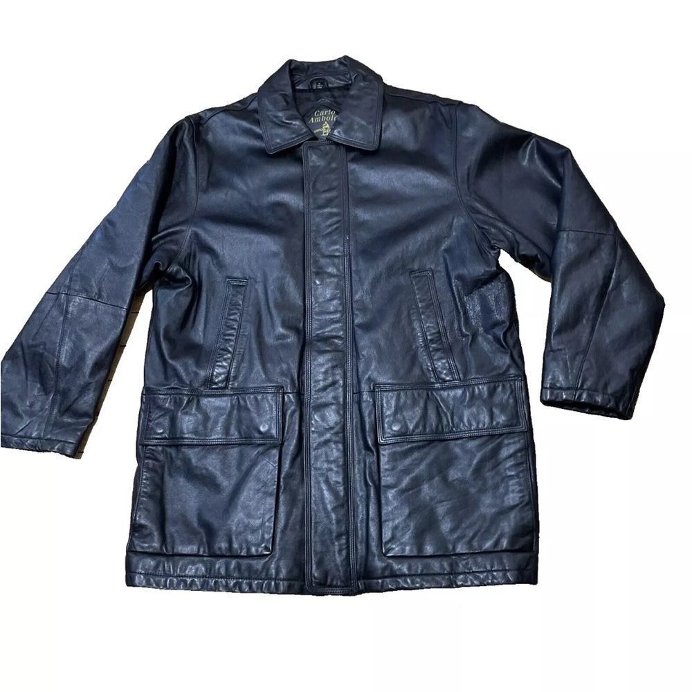 CARLO AMBOLDI Leather Jacket Mens M Shafmaster Leather Co Zip Black Drum Cowhide